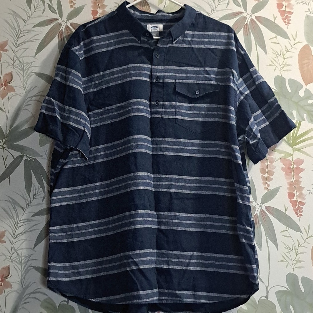 Old Navy Casual Navy and White Striped Shirt Linen Cotton Blemd Size XXL